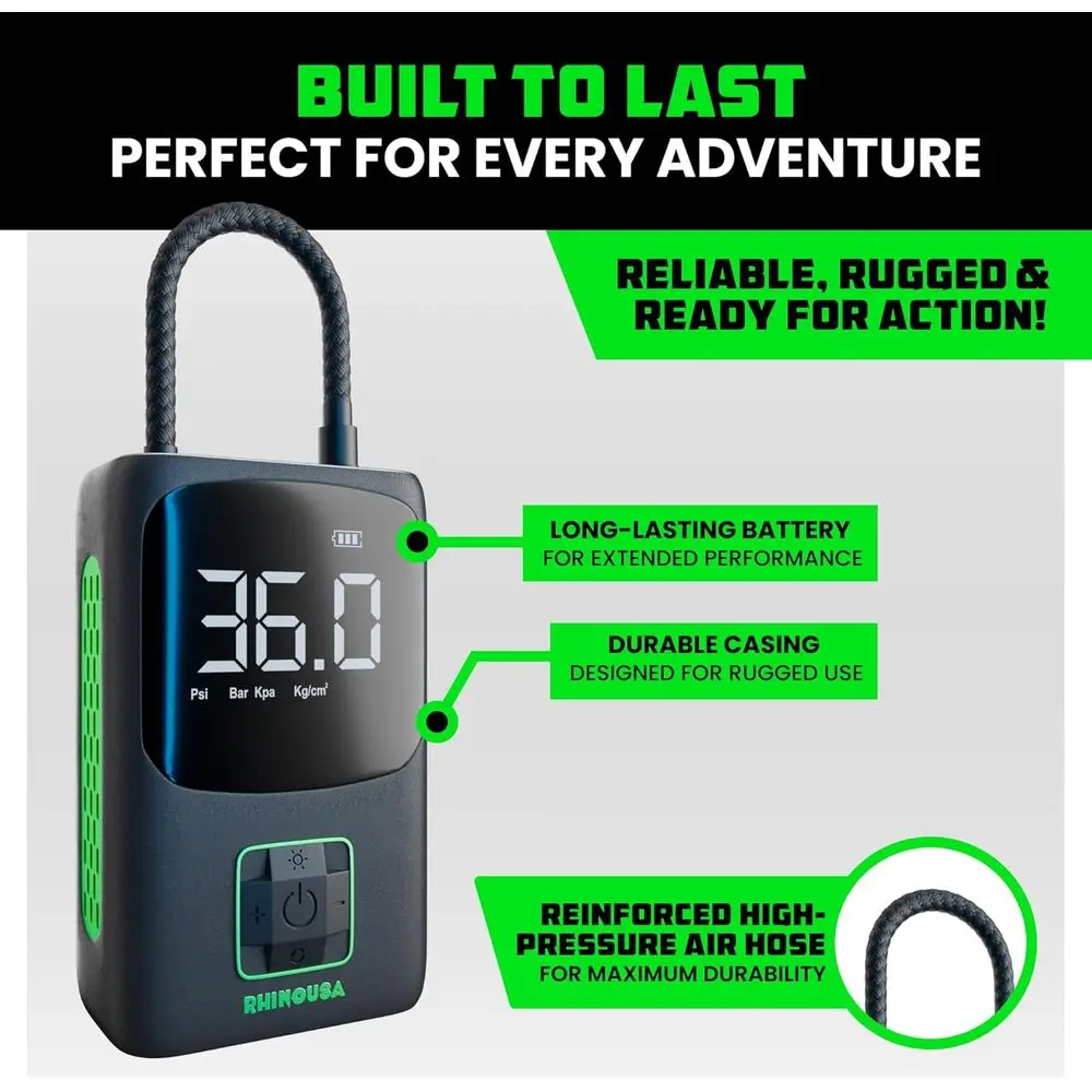 Kompresor Udara Portabel 150 PSI dengan Pengukur Digital - Pompa Mini yang Ditingkatkan untuk Ban Mobil dan Sepeda dengan Layar LCD Hitam & Hijau