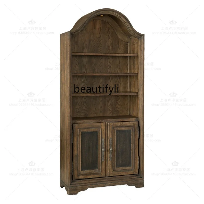 

American Country Antique Distressed Solid Wood Bookcase Display Cabinet Circular Arc Dining Edge Curio Cabinet