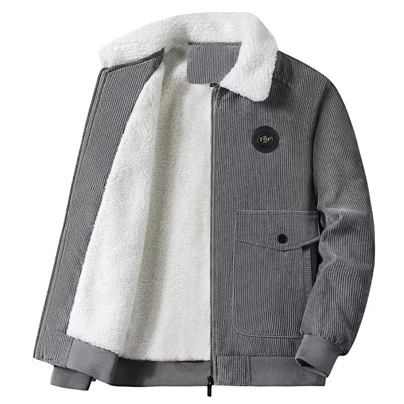 Men Winter Corduroy Jacket Thick Fleece Lined Lamb Wool Collar Zipper Casual Warm Outerwear Multi Pocket Male Daily Coat
