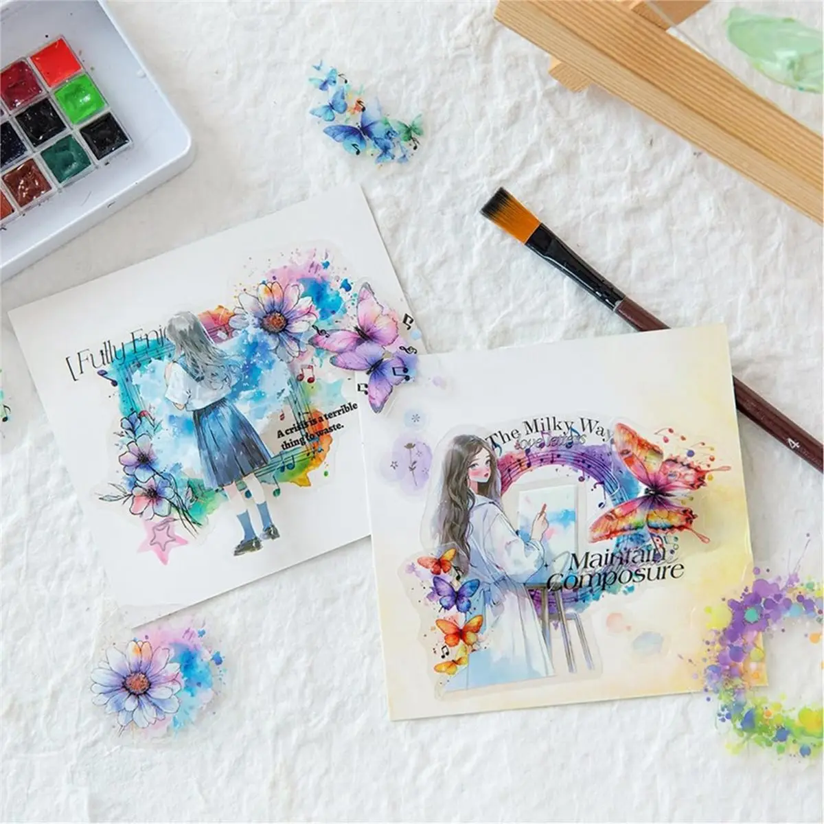 120Pcs Watercolor Journaling Stickers, Transparent PET Floral and Musical Designs for Scrapbooking and Crafts