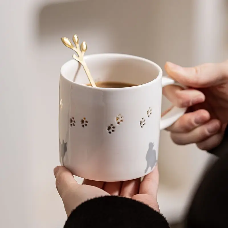 

Cat Claw Print Cup Mug Household Ceramic Linglong Cartoon Birthday Gift Minimalist Couple Water Cup Coffee Cup Office