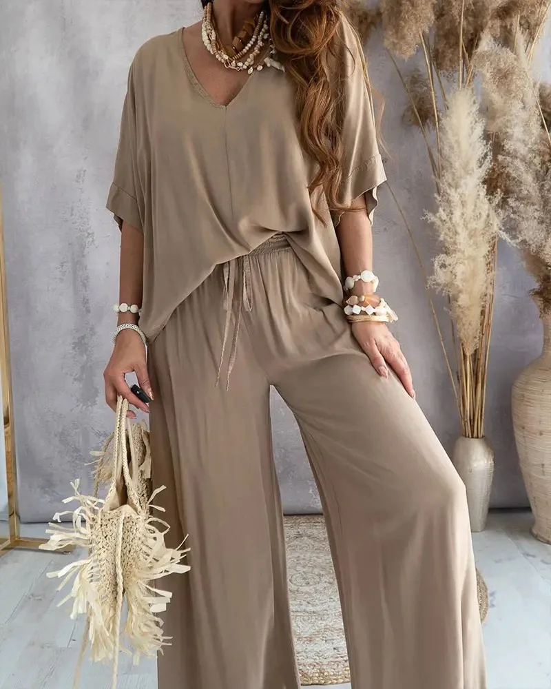 2023 Summer Spring Casual Woman Knit Sets Solid Color V-neck Short Sleeve Blouse Shirt Tops&Wide Leg Pants Sporty Two Piece Set