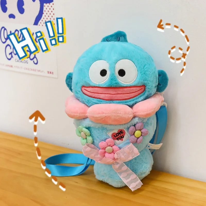 Ungefähr 25 cm Sanrio Hangyadon Blue Sweet Tube Bouquet Verstellbarer Riemen Weicher Plüschrucksack Shopping Geldbörse Paar Weihnachtsgeschenk