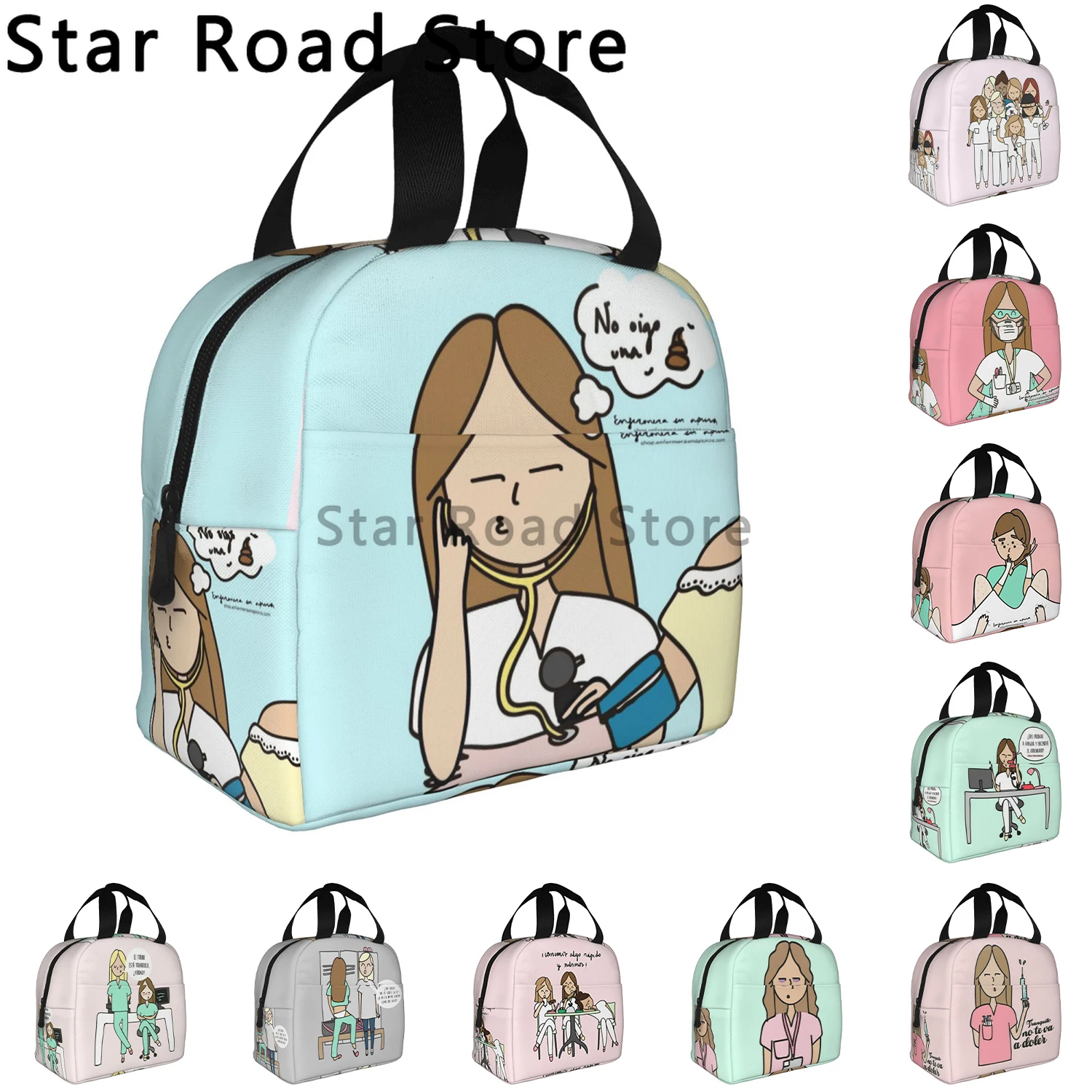 Cartoon Enfermera En Apuros Doctor Nurse Lunch Bag Women Portable Cooler Thermal Insulated Lunch Box Picnic Storage Food Box