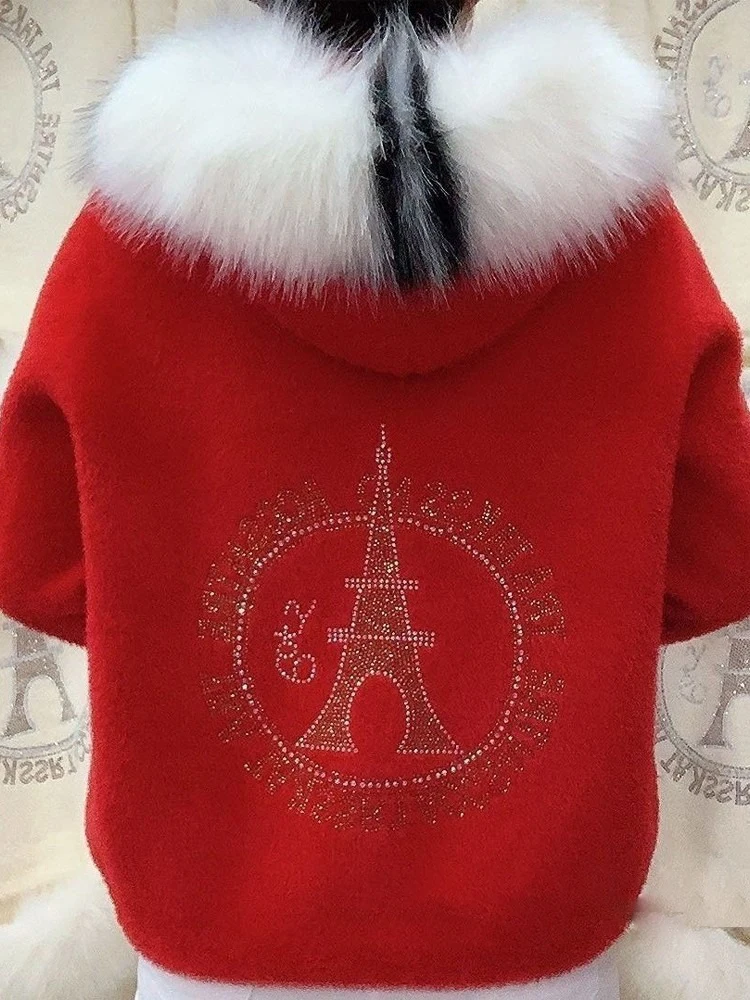 Autumn And Winter New Warm Solid Color Thick Hooded Imitation Mink Fur Coat With Rhinestone And Fur Collar Women's Top Cardigan