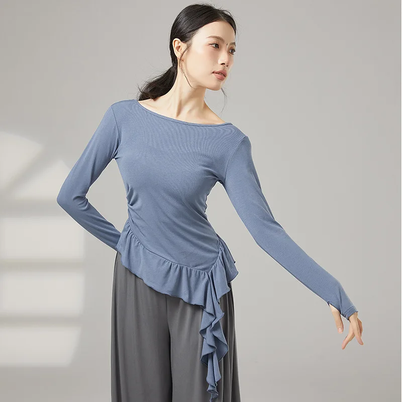 

Женский топ для современных танцев с длинным рукавом, с подолом в форме листа лотоса, асимметричная блузка для латиноамериканских танцев, облегающий топ с отверстиями для больших пальцев, одежда для танцев