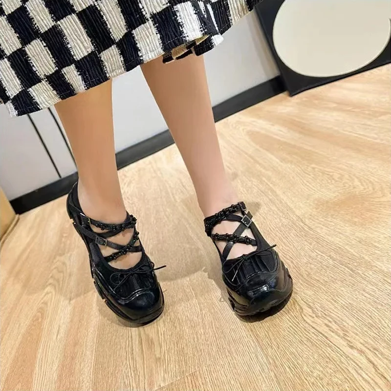 Thick Sole High Quality Women Casual Flat Shoes Fashion Pearl Shallow Ankle Strap Ladies Dress Flat Elegant Mary Jane Shoes 40