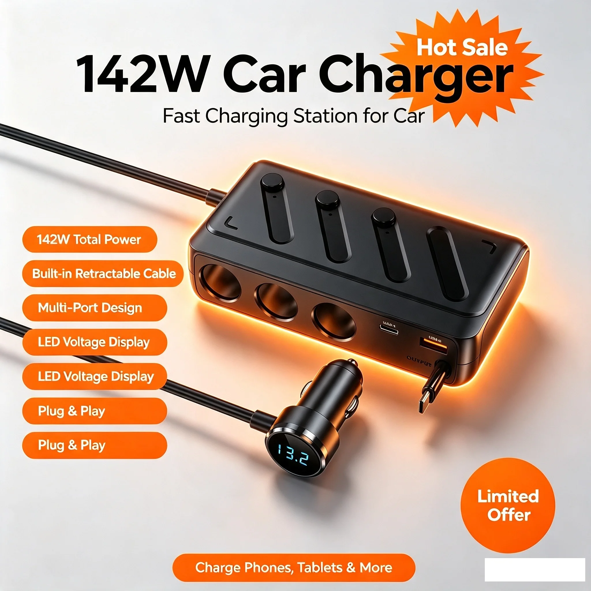 Car charger 142W super fast charger with built-in extension cable PD45W car charger, one to three cigarette lighter, charging
