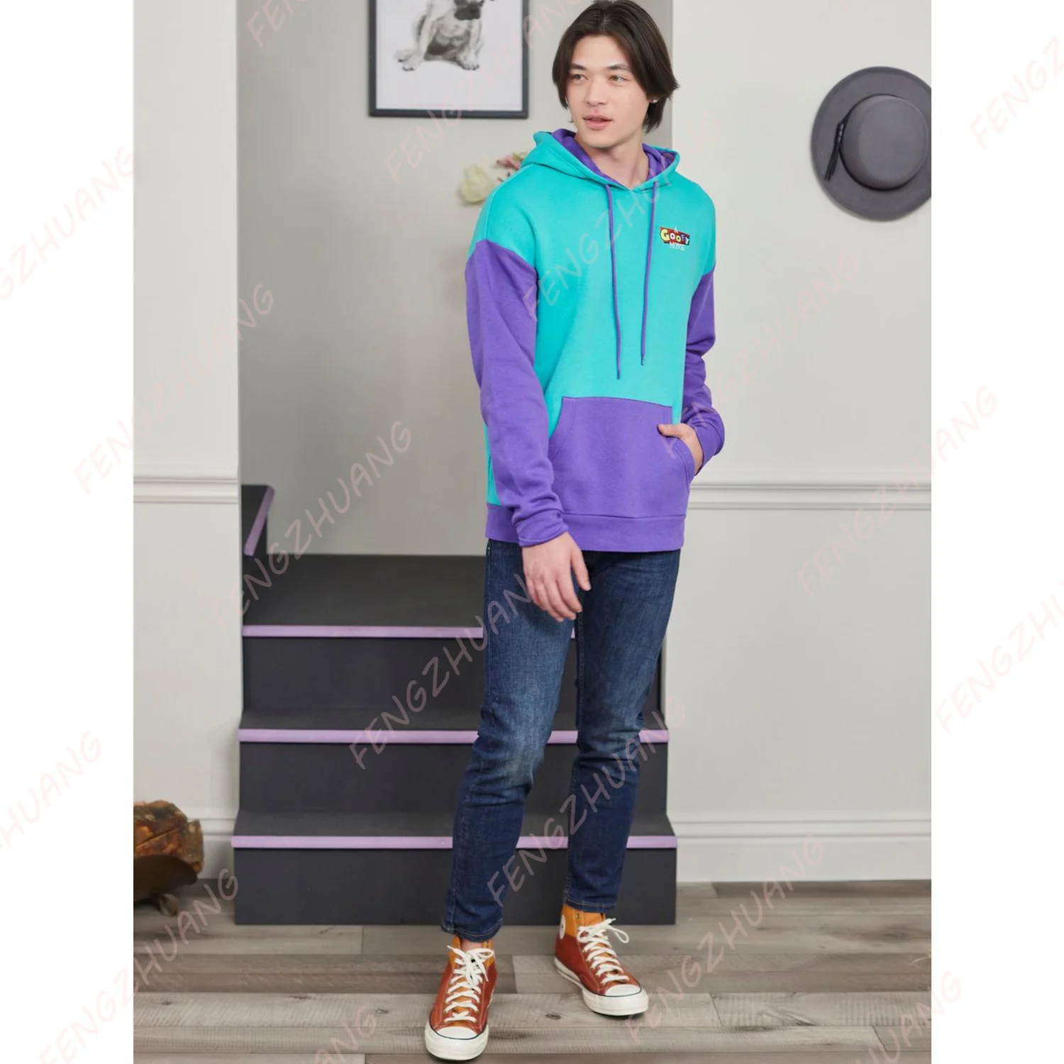 سويت شيرت بغطاء للرأس من Our Universe Disney A Goofy Movie Colorblock موضة جديدة للرجال والنساء بلوفر كاجوال فضفاض Sportwea #3