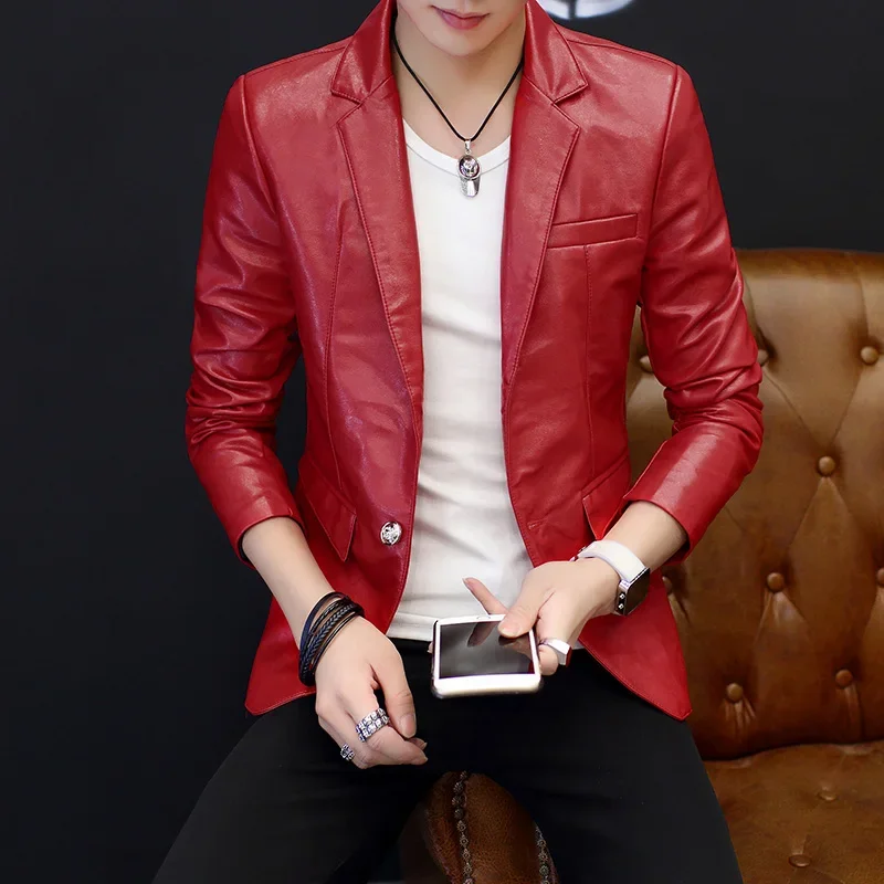 HOO 2024 men\'s leather blazer Personality trend handsome Young British cultivate one\'s morality blazer