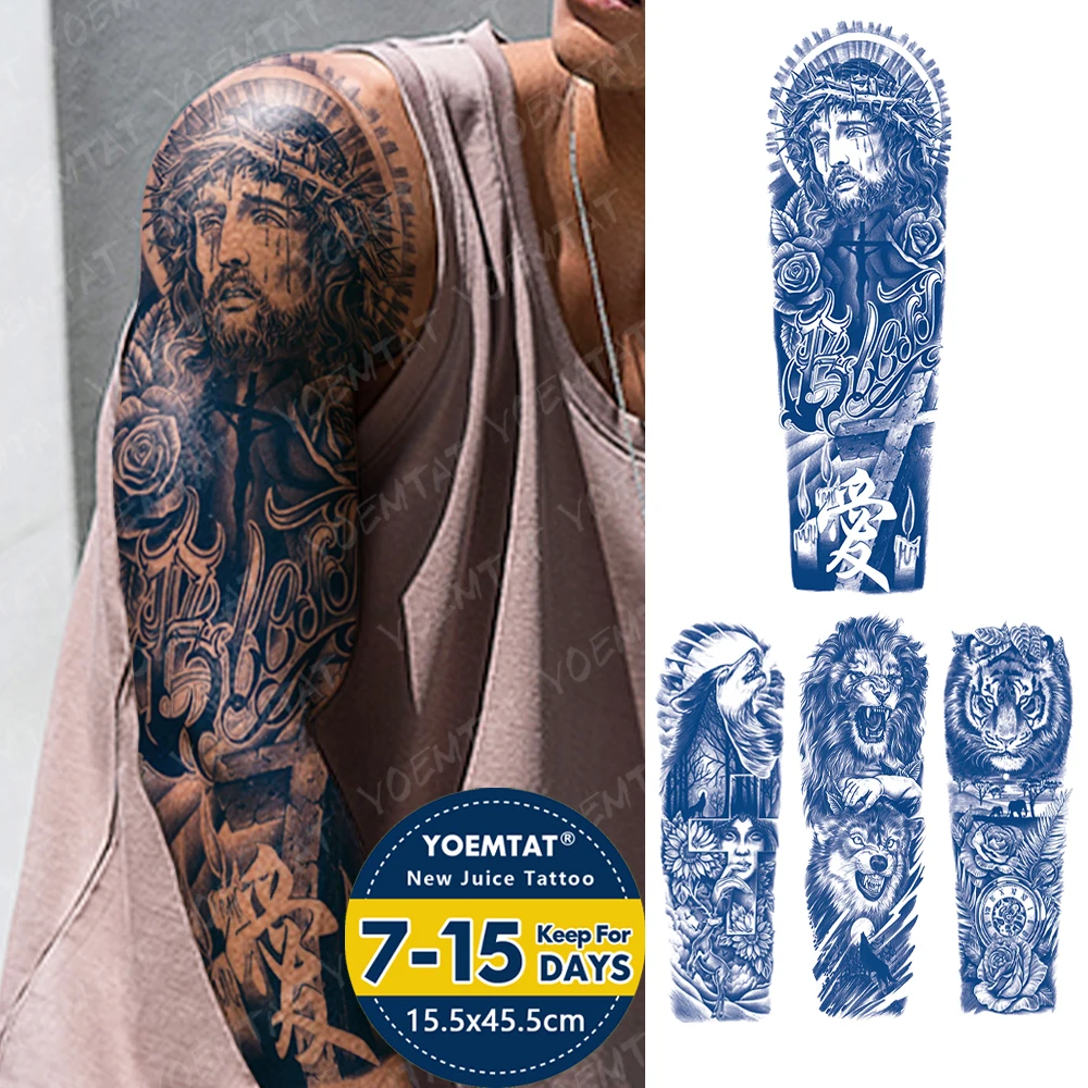 

Large Full Arm Sleeve Juice Ink Waterproof Temporary Tattoo Sticker Thorns Jesus Rose Cross Candle Fake Tatto Body Art Women Men