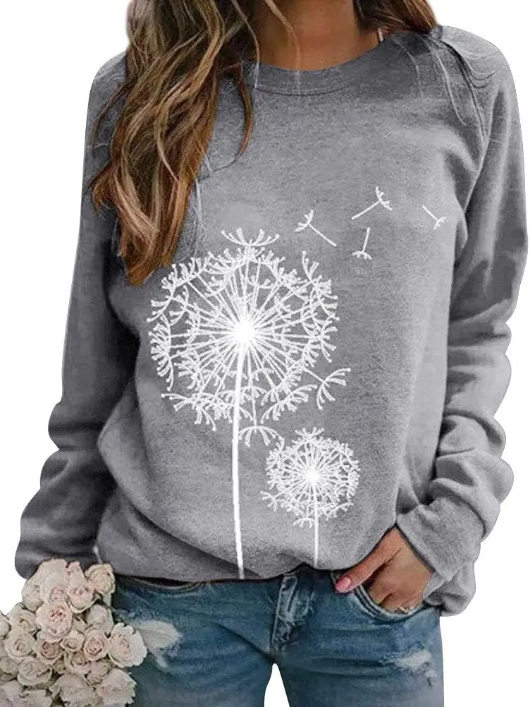 

Dresswel Women Dandelion Print Sweatshirt Crew Neck Long Sleeve Tops Basic Jumper Tunic Blouse Shirts