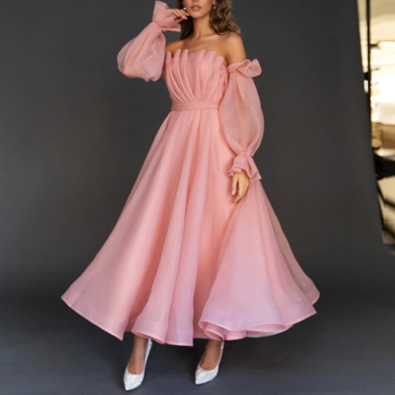 Fantasy Reffles Ladies Party Dresses Sexy Off The Shoulder Prom Dress Luxury Long Sleeves Bridesmaid Ball Gown Vestidos Robe