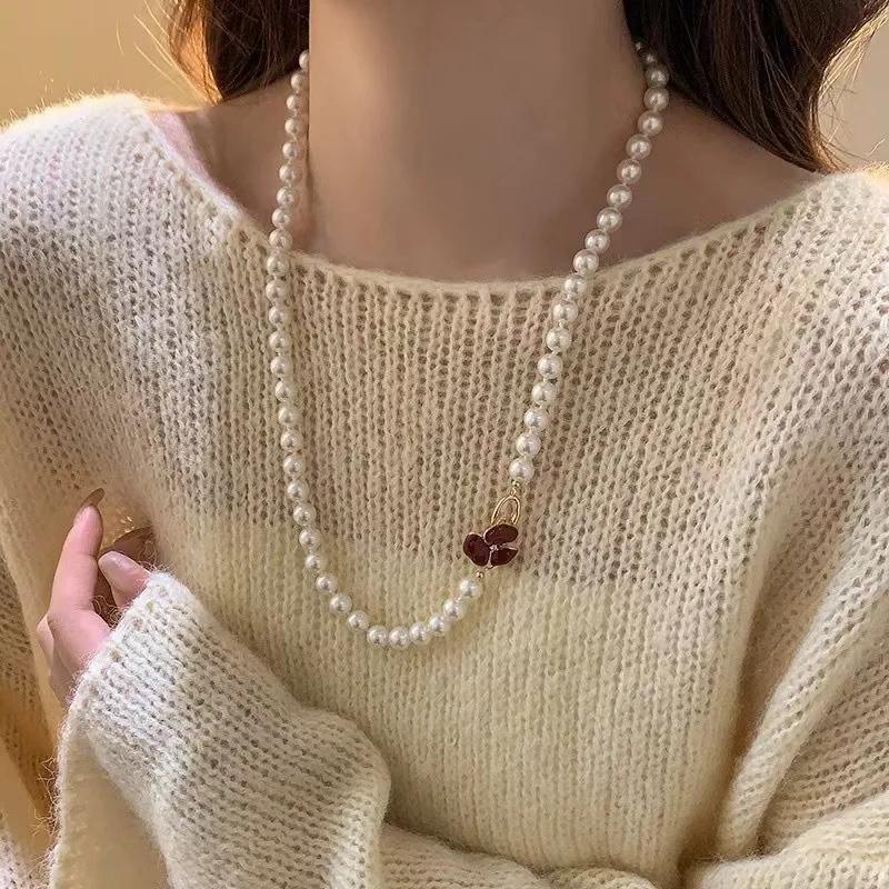 

MHS.SUN Classic Red Flower Shell Pearl Beaded Necklaces For Women Girls Luxury Sweater chain Jewelry Valentine's Day Gift