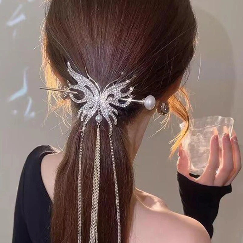 

Female Butterfly Pearl Tassel Rhinestone Hair Sticks for Women Ladies 2025 New Headwear Chinese Style Hair Clip Accessories