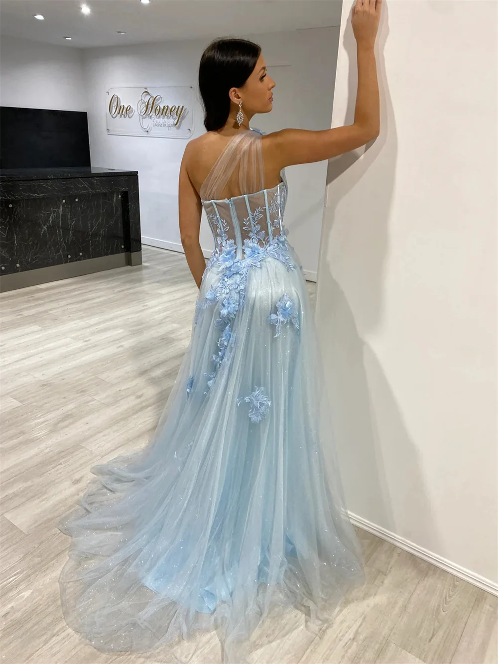 Annie 3D Decals Prom Dresses Shiny Tulle Evening Dress Formal Occasions Blue Sexy Side Slit Princess Homecoming Party Dresses