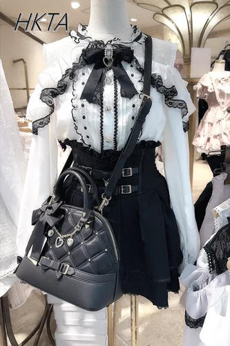 Blusa japonesa Liz para mujeres y niñas, camisa bonita de gasa Lolita, lazo dulce, hebilla de diamante, camisas de manga larga con hombros descubiertos