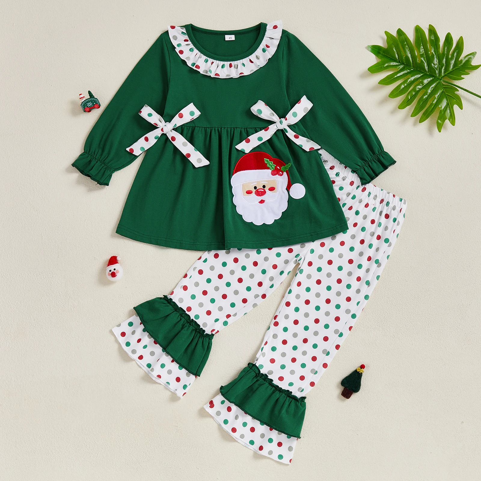 2-6Y Kid Girls Xmas Costume Set Long Sleeve Embroidery Santa Claus T-shirt with Dots Print Flare Pants Christmas Outfit