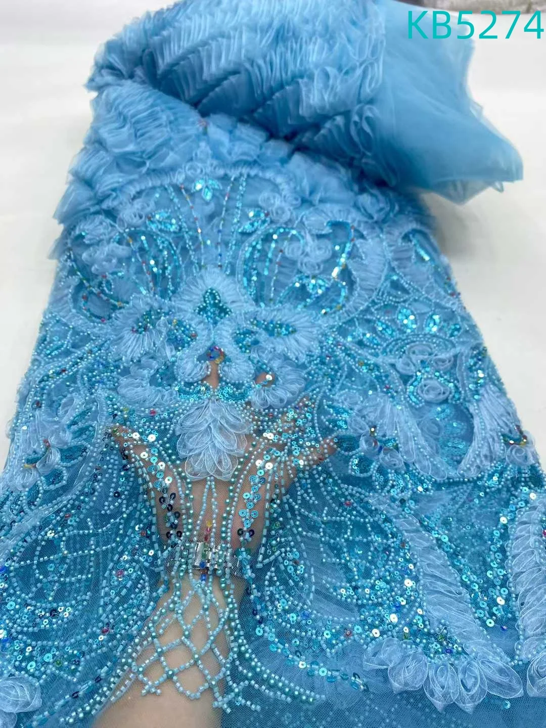 

African Lace Fabric 5 Yards High Quality 2025 Blue Beaded French Mesh Lace Fabric Sequence Tulle Lace Fabrics For Sewing KB5274