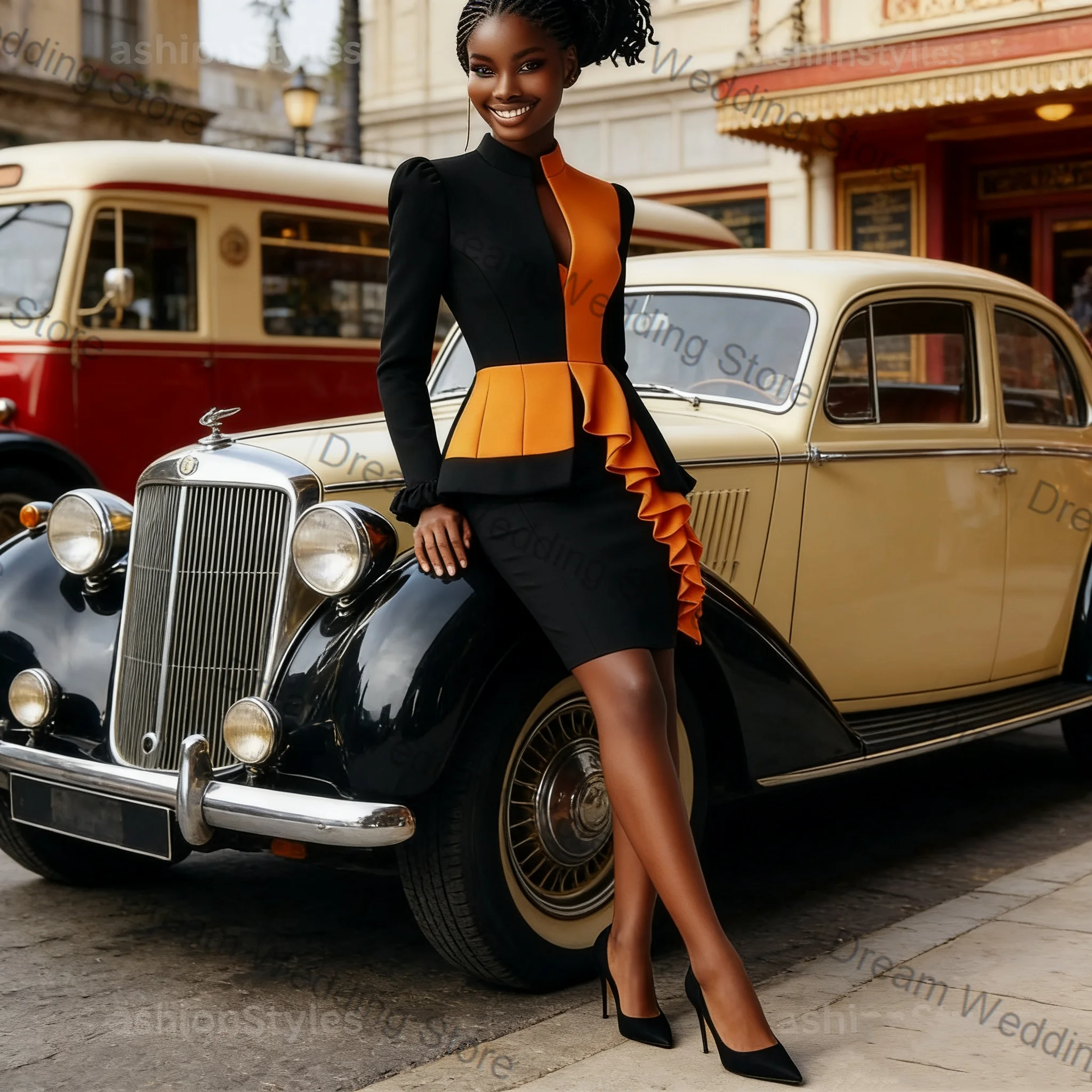 

Black Orange Women Suit Set 2 Pcs Blazer+Prom Dress Ruffles Spring Formal Office Lady Jacket Customized Wedding Guest Coat