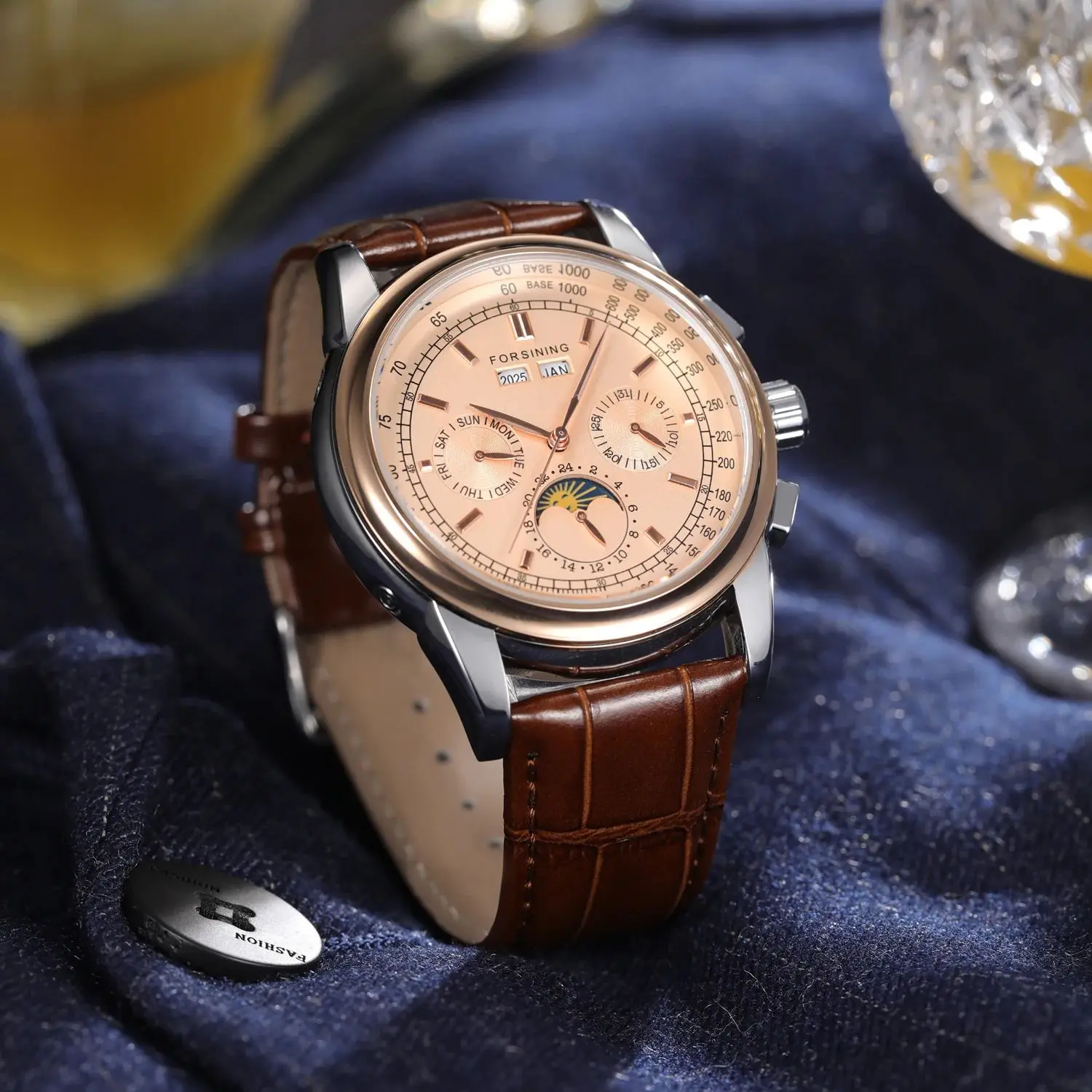 Men's Retro Mechanical Moon Phase Watch, Rose Gold
