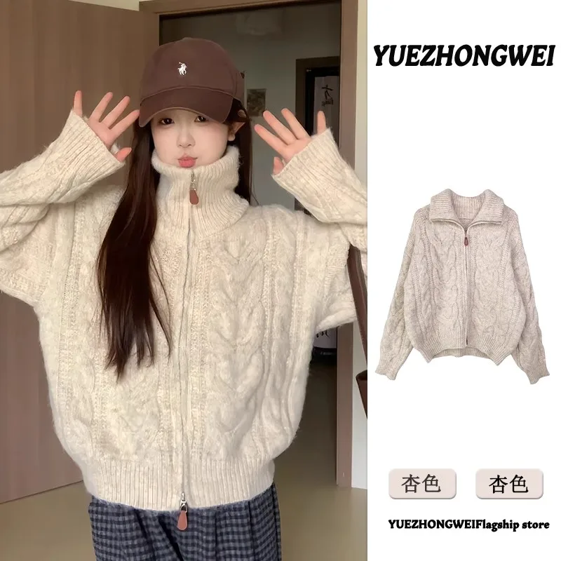 

Fashion High Neck Fried Dough Twists Zipper Cardigan Women's Autumn Winter Thickening Lazy Loose Sweater Casual Versatile Top