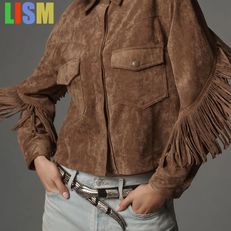 

LISM 2025 Chic Tassel Jacket Retro Lapel Long Sleeve Single Breasted Pocket Coat Autumn Women's Outerwear Female jackets