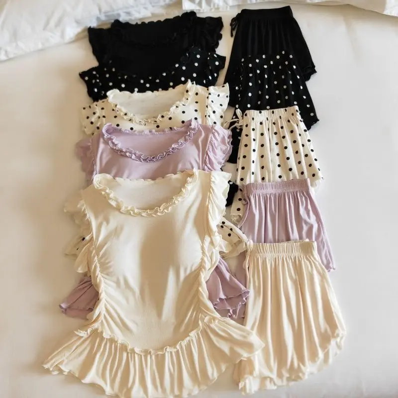 

Women Summer Cute Modal Lace Vest Shorts Pajama Set Home Wear Loose Thin Two-Piece Outfit Top