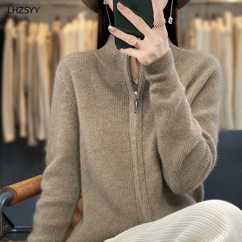 LHZSYY Autumn Winter New 100%Pure Wool Zipper Cardigan Ladies Stand Collar Knit Jacket Loose Top Warm Cashmere Sweater WomenCoat