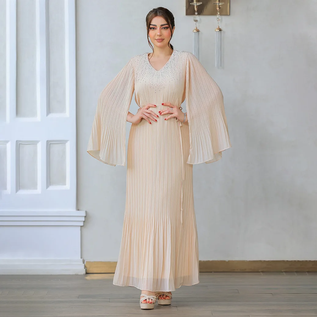 

Arab Diamond Evening Dress Elegant V-Neck Flared Cuffs Split Sleeve Robe Fashion Belted Pleated Party Dress Women Wedding Dress