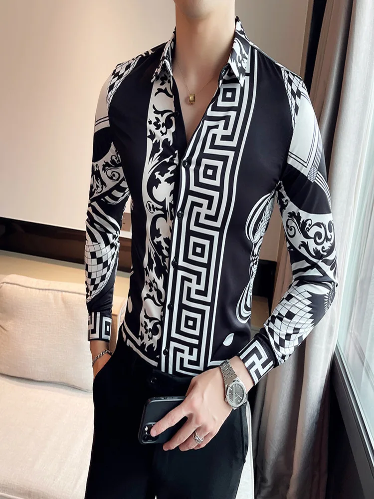 

6XL Plus Size Luxurious Man Vintage Printed Social Shirts Mens black Slim Fit Long Sleeve Dress Shirt Fashion Chemise Homme New