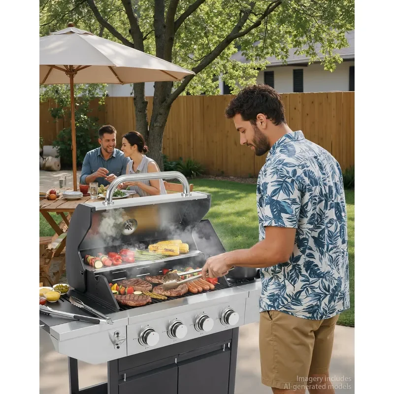 4-Burner Propane Gas BBQ Grill with Side Burner 46500 BTU Output Stainless Steel Barbecue Grill with Enameled Cast Iron