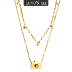 LUXUSTEEL Exquisite Stainless Steel Double Necklace For Women Camera Charm Round Bling CZ Stone Choker Y2K Jewelry Gifts