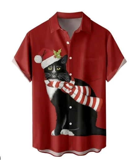 

Men's Cat Print Hawaiian Shirt - Street Style Short Sleeve Button-Up with Lapel Collar, Breathable Summer Fabric, Machine Washab