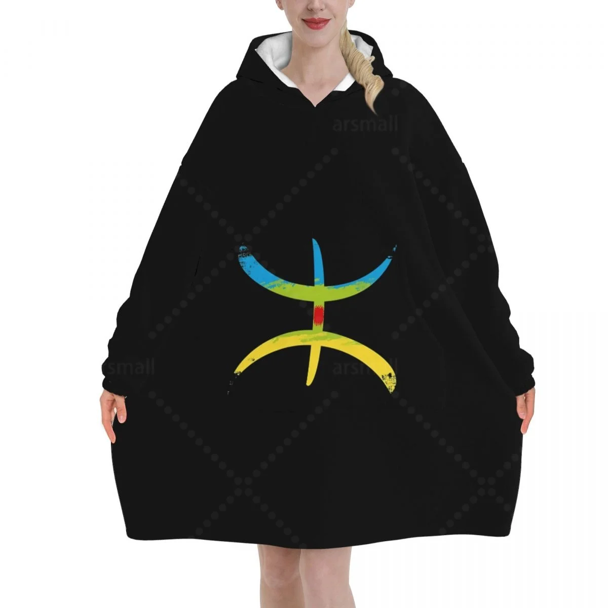 

Kabyle Amazigh Flag Wearable Flannel Blanket Hoodie Oversized Hooded Blanket Pullover Sweatshirt Fleece Sherpa Blankets