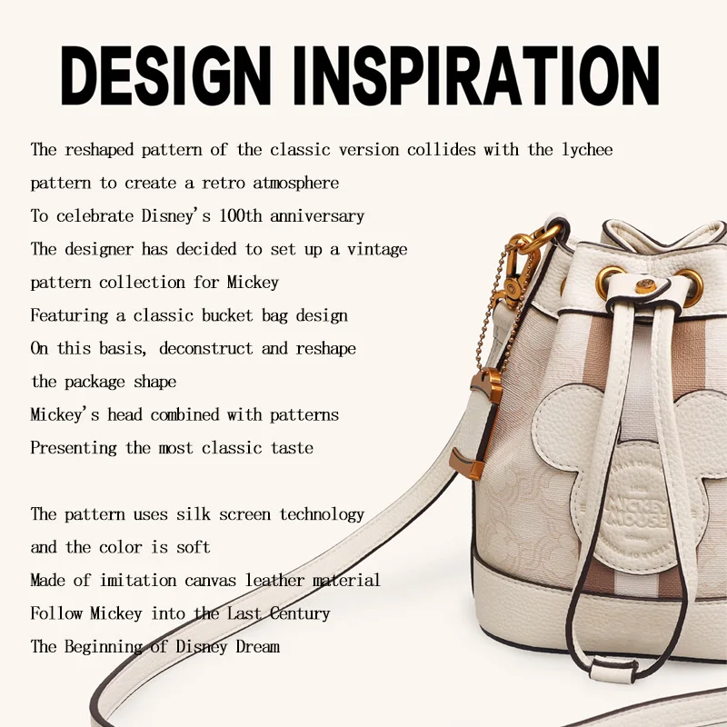 New Disney Retro Pattern Women High-End Bucket Bag Mickey Mouse Leather Printed Shoulder Storage Bag Brand Handbag Crossbody Bag