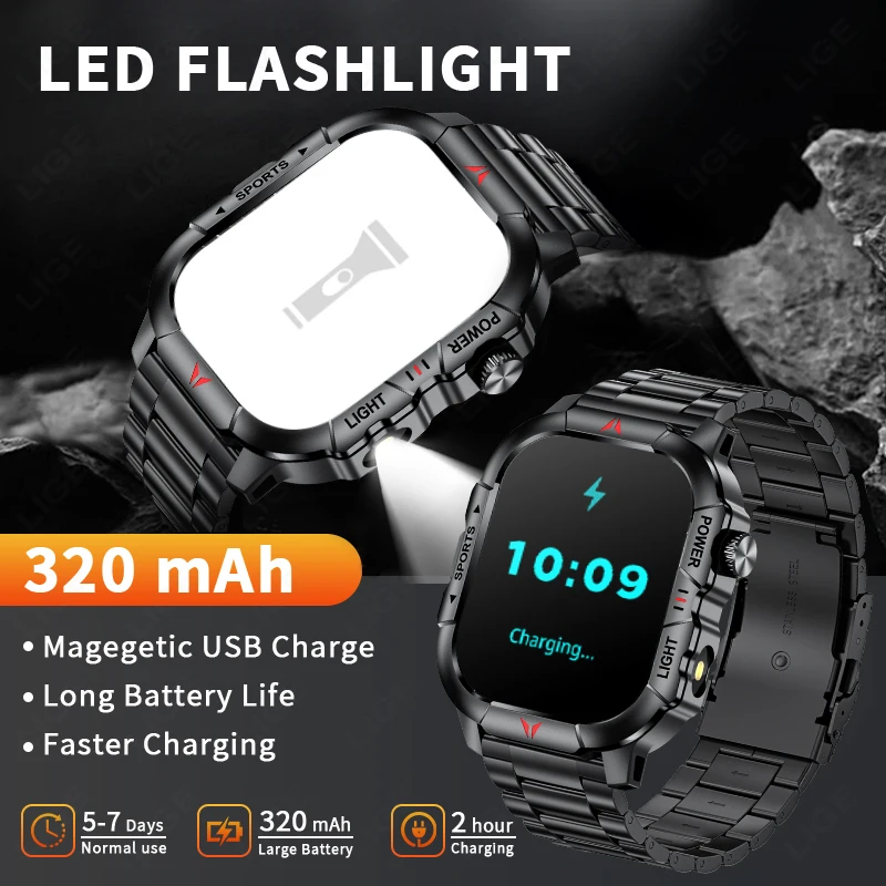 LIGE Full Touch Screen Smart Watch Men Women LED Flashlight 100+ Sport Modes Fitness Tracker 2.01” Screen Smartwatch Men Women