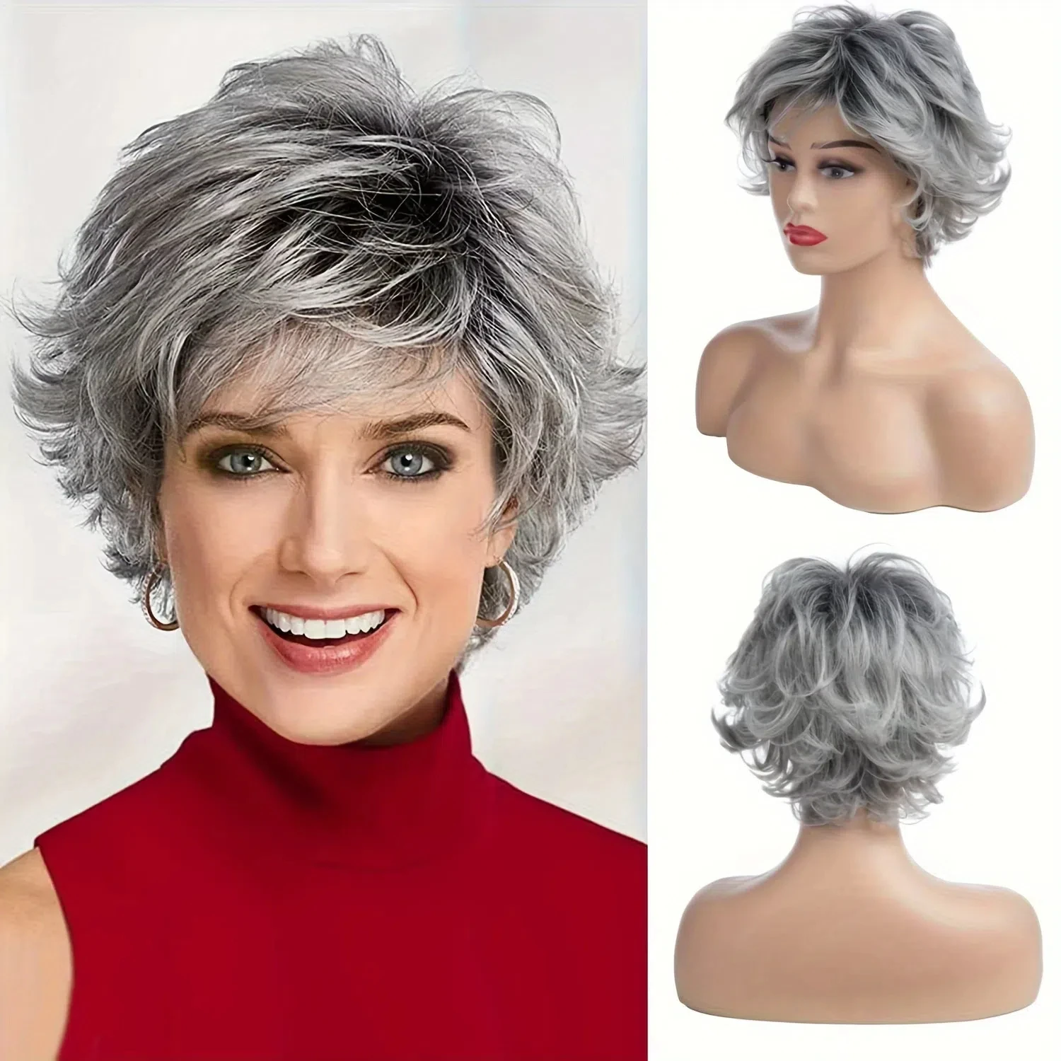 Short Style Mixed Silverygrey Wig with Memory Fiber Pixie Curly Synthetic Wig with Bangs Role-Playing, Costumes, Wigs for Cospla