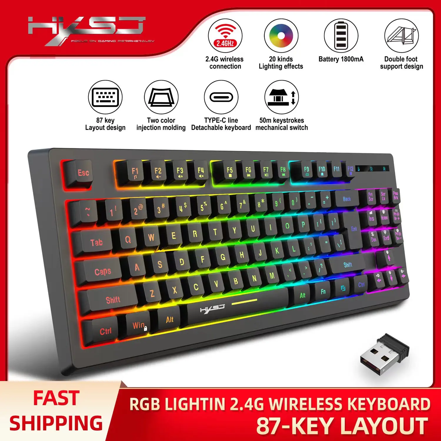 

2.4G Rechargeable Wireless Gaming Keyboard RGB Backlit Ergonomics 87 Keys Mechanical Feel Keyboard For Windows Xbox PS4 PC Gamer