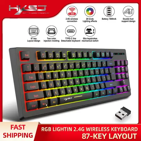 2.4G 충전식 무선 게임용 키보드 RGB 백라이트 인체 공학 87 키 Windows Xbox PS4 PC 게이머 용 기계적 느낌 키보드