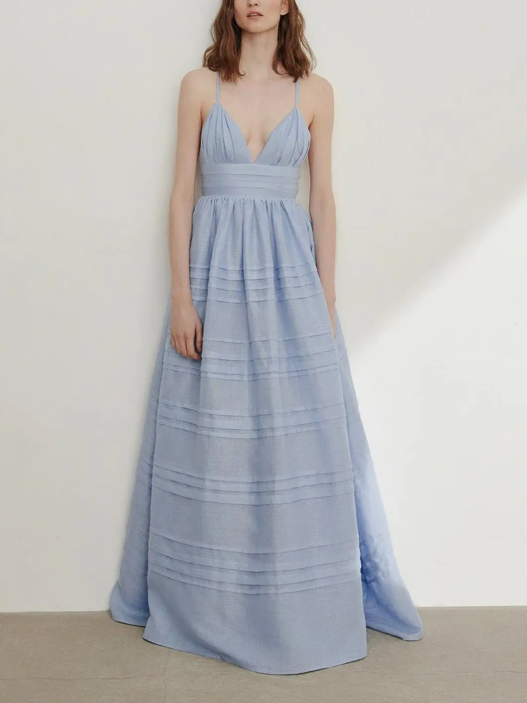 

Ele Pure Linen Bal Strap Dr Summer High Waist Long Skirt V-Ne Single Piece Spring Autumn Seasonal Faion Design