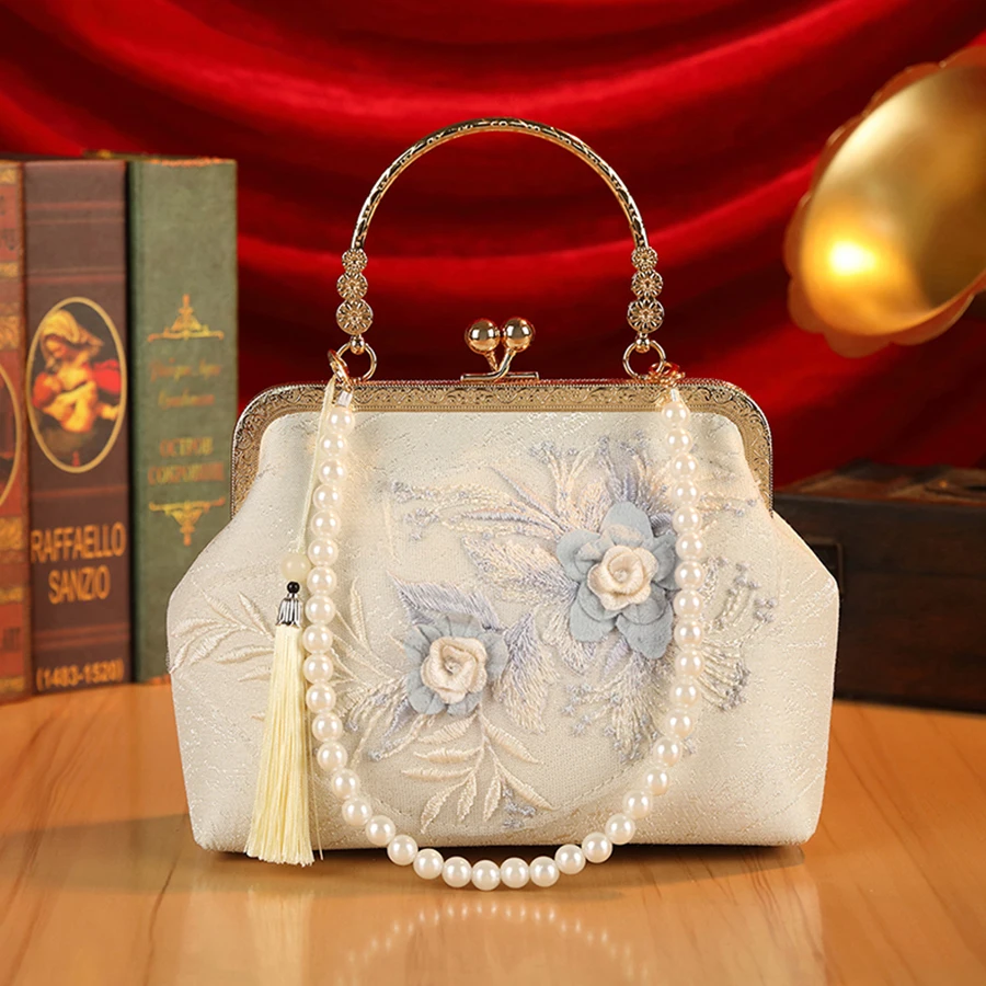 Fashion Floral Lace Embroidered Clip Bag Pearl Chain Banquet Handbag Tassel Rhinestone Women's Bag Wedding Bride Party Clutches