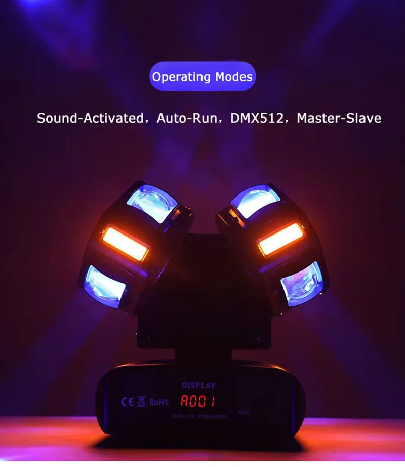 

2 Arms Rotating Moving Head Disco Light Floor Stage Effect RGBW Beam Light Outdoor Strobe Party Light Decorations DMX Control