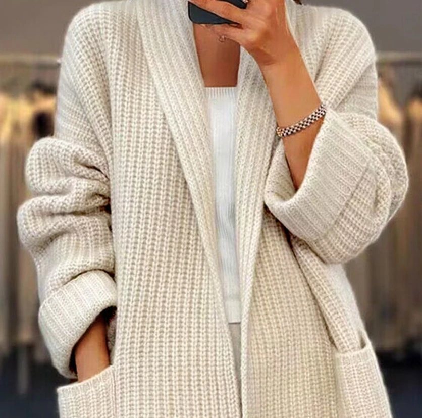 Autumn Women's Clothes Thick Solid Color V-Neck Knitted Cardigan Loose Pocket Sweater Jacket Quick Delivery of Spot Goods