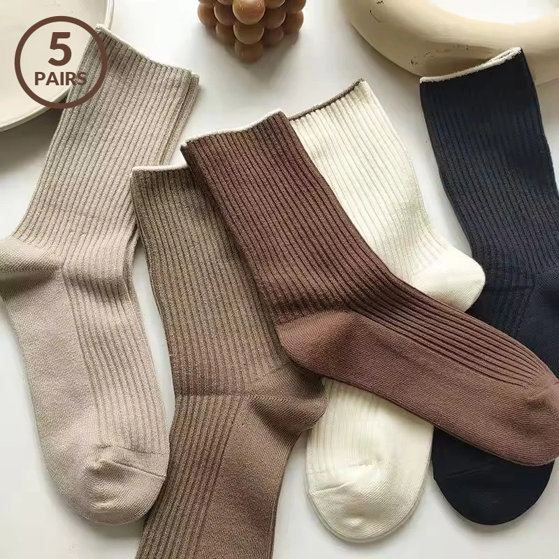 5Pairs Women's Casual Socks Solid Color Women Mid Length Socks Autumn Simple Women's Medium Length Socks