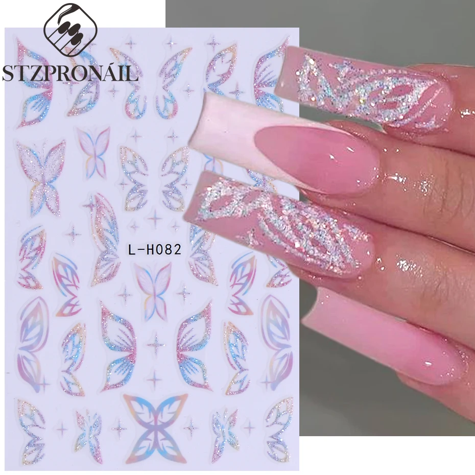 Gradient Glitter Butterfly Nail Stickers 3D Colorful Daisy Hibiscus Flower Lace France Manicure DIY Y2K Spring Summer Decoration