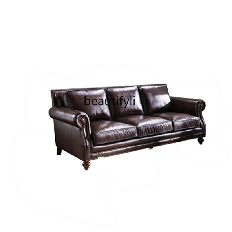 Modern Minimalist Top Layer Cowhide Leather Sofa Home Living Room Soft Furniture Combination Simple Solid Wood