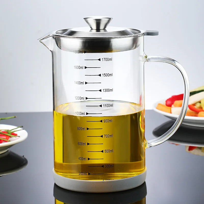 1000/1500/1800ml Oil separator Filter Screen Oil Residue Separation Bottle Kitchen Glass Heating Graduated Oil bottle Measuring