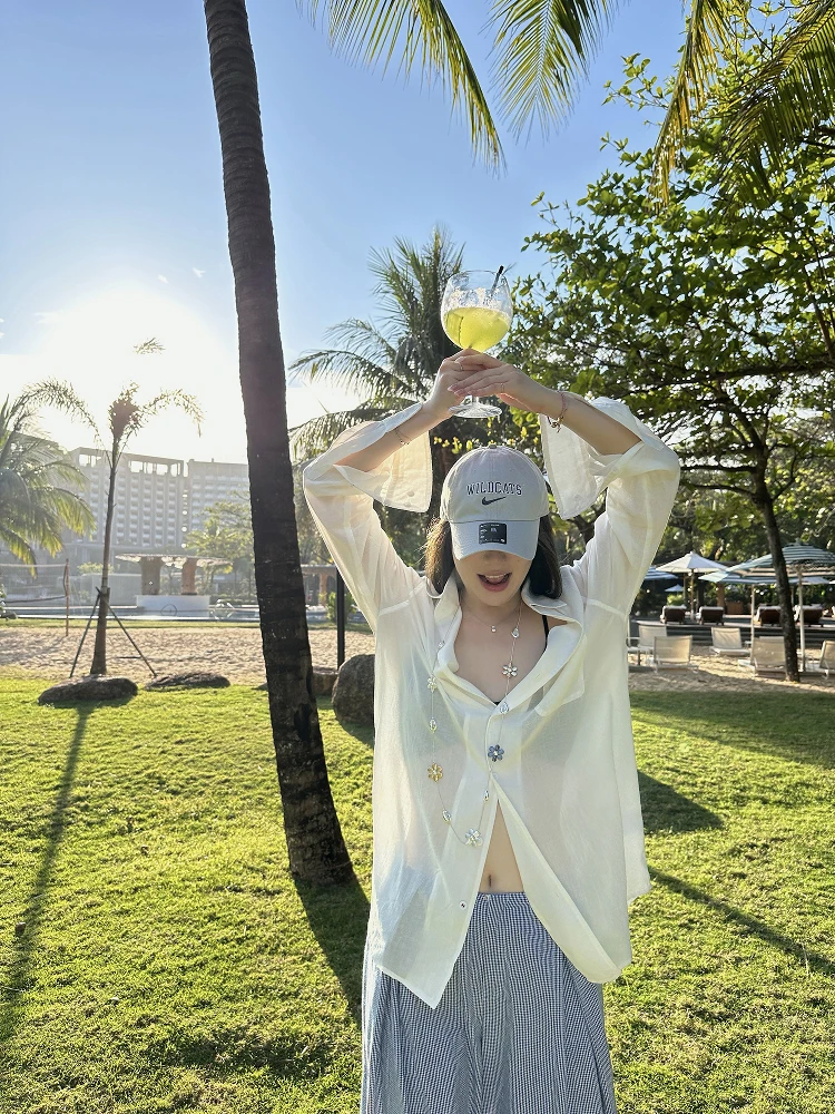 

Chic Summer Mist Pure Cotton Long Sve Women's irt Jaet White Transparent Spring Autumn Korean Sle Loose Fit Button up