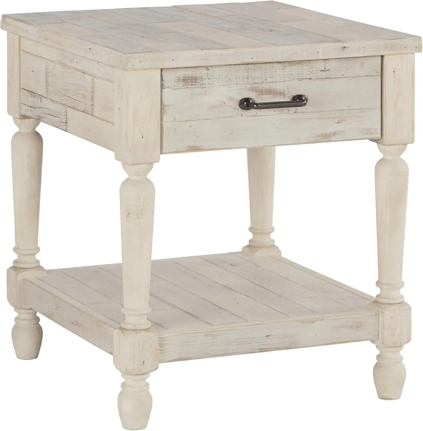 Design by Ashley Shawnalore Farmhouse Solid Pine Wood End Table, Weatherworn White Finish